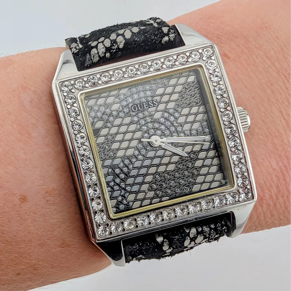 Guess W0050L1 Women's Square Crystal Bezel Snakeskin Dial Suede Strap Watch 34mm